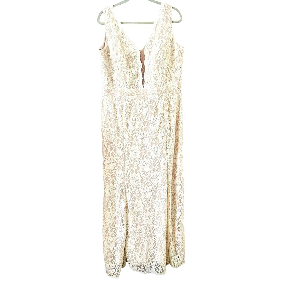 DB STUDIO FORMAL MAXI SLEEVELESS FIT-FLARE GOWN, WOMEN-20W-IVORY LACE-PINK LINED